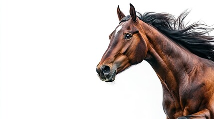 Fototapeta premium A bold and dramatic close-up of a bay horse galloping, its intense energy and motion frozen in time, set against a pure white background 