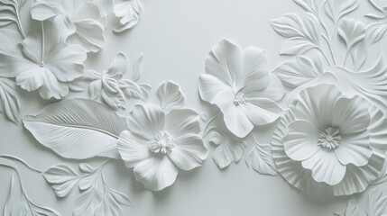 Delicate, embossed floral wall art.  Soft, white, three-dimensional flowers and leaves create a beautiful, elegant design