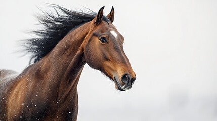 Obraz premium A bold and dramatic close-up of a bay horse galloping, its intense energy and motion frozen in time, set against a pure white background 