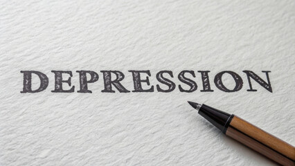Obraz premium image features word depression written in bold, textured letters on textured paper background, with pen placed nearby, evoking sense of contemplation and seriousness