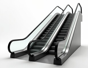 Side view of modern escalator on white background. Transport solution in urban area. Metallic staircase conveyer for shopping mall, office. Stair lift with automatic mechanical movement. Architecture