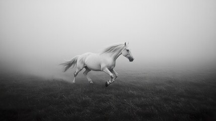 Fototapeta premium A breathtaking image of a galloping white horse, its elegant form highlighted against a misty field, the motion captured in perfect clarity 
