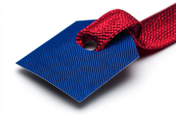 blue gift tag on a white background, with a red ribbon. close-up,