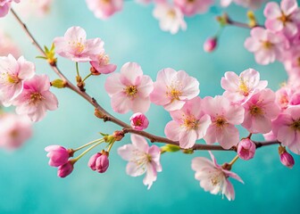 Naklejka premium Spring Blossom Arrangement: Pink Cherry Blossoms on Light Blue