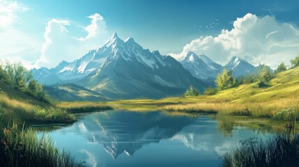 Serene Mountain Lake Reflection A Breathtaking Panorama of Alpine Beauty