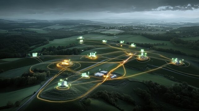 Futuristic Networked Farms in Green Landscape