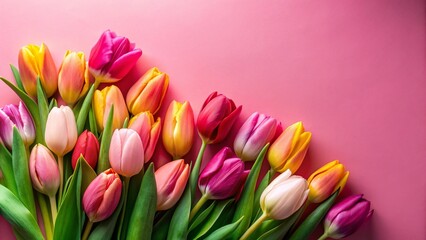Fototapeta premium Spring Tulips Flat Lay: Pink Background – International Women's Day & Mother's Day Greeting Card