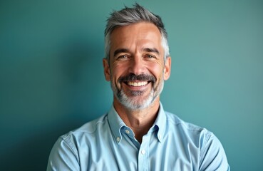 Portrait of handsome smiling middle-aged man with gray hair, well groomed beard looking at camera. Stylish confident man, positive vibes. Success, skincare, and dental health.