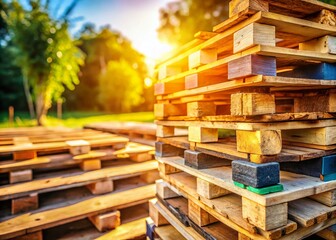 Fototapeta premium Stacked Wooden Pallets: Rustic Industrial Background Stock Photo