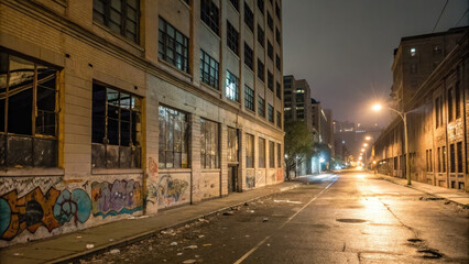Obraz premium City street at night with broken windows and graffiti on walls, symbolizing urban violence and the impact of social issues on community environments.