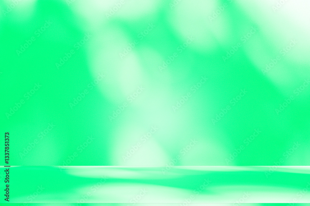 Poster Wall interior background, studio and backdrops show products. with leaf shadow from window color green and white. background for text insertion and presentation of product	