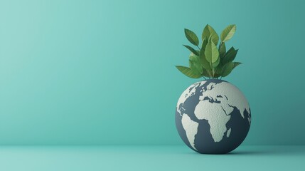Earth globe with green leaves growing out of it. Concept for environmental protection, sustainability, and ecology.
