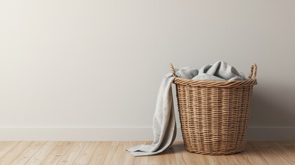 Laundry basket with clothes against a wall. Concept of household, laundry, and interior design.