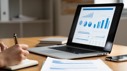 Analyzing business data, shown on a laptop, as a person takes notes on graphs and charts for business intelligence.