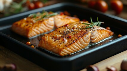 Grilled Golden Baked Salmon Fillets with Fresh Herb Seasoning on pan.