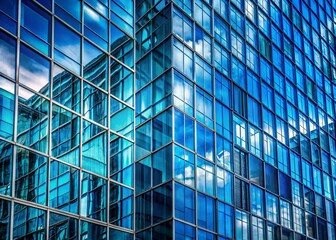 Obraz premium Stunning Blue Glass Facade Architecture: Modern Building Exterior Reflection Photography