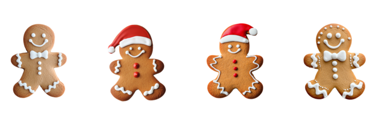 Four Festive Gingerbread Men with Colorful Icing Decorations. Set