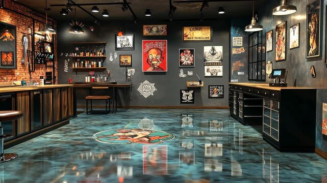 Stylish industrial-chic bar interior with epoxy floor and vintage posters