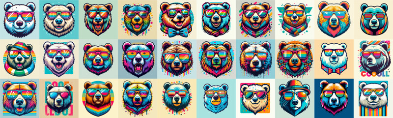 collection of bear head wearing glasses. pop color style design