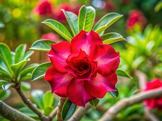 Stunning Red Desert Rose Blooming in Vibrant Garden - Candid Shot