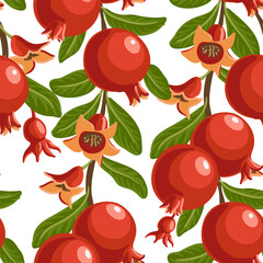 seamless pattern with pomegranate, vector drawing garden tree branches with fruits, flowers and green leaves at white background, hand drawn illustration