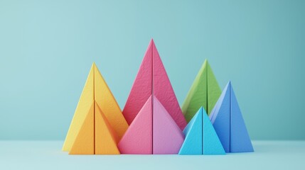 Colorful triangles arranged in a playful composition against a blue background. Abstract geometric design.