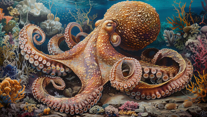 Obraz premium A beautiful octopus gliding gracefully over rugged underwater terrain