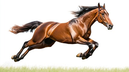 Fototapeta premium A dynamic capture of a bay horse leaping forward, legs stretched in perfect motion, with a minimalist white background emphasizing its speed and power, 
