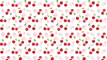 水彩風　さくらんぼとピンクドットの春パターン