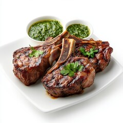 Grilled lamb chops splashing, green chutney sauce, isolate on white background. cutout png.