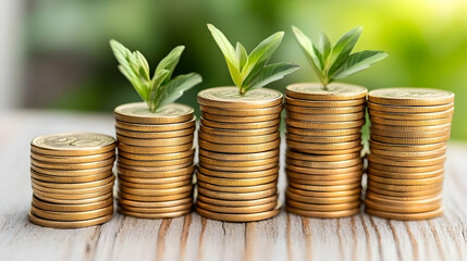 Gold Coins Stacked With Growing Plants, Financial Growth Concept