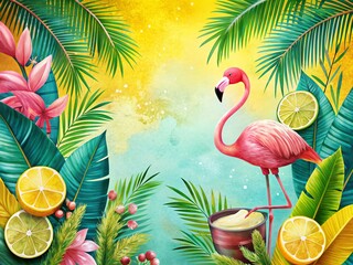Summer Tropical Fruit Poster: Flamingo, Coconut, Lemon & Watercolor Leaves
