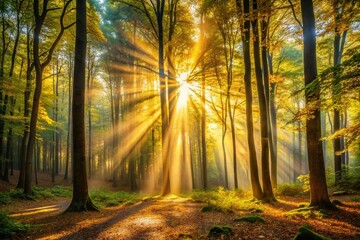 Naklejka premium Sun Dappled Forest: Golden Light Filtering Through Lush Canopy