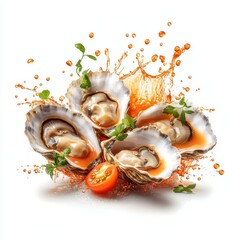 Oysters splashing, tomato ketchup, isolate on white background. cutout png.