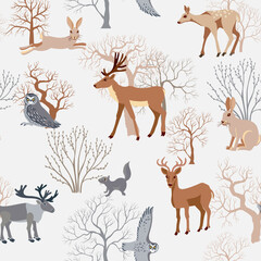 vector drawing seamless pattern with silhouettes of winter trees and shrubs without foliage and animals, natural background, hand drawn illustration