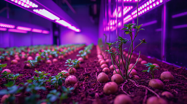 Close-up of hydroponic lab growing potatoes in Martian soil simulant