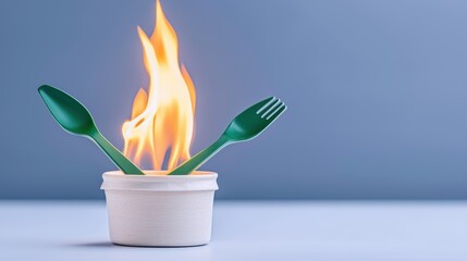 A container with green utensils is engulfed in flames against a blue background, creating a striking visual contrast.
