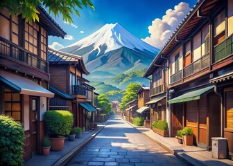 Obraz premium Sunny Day in Old Japan: Minimalist Anime Street Scene with Mount Fuji