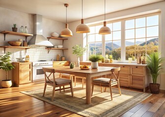 Fototapeta premium Sunny Southwest Boho Kitchen Dining Room Interior Mockup with Copy Space