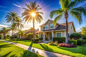Fototapeta premium Sunny Suburban Home with Palm Trees, Deep Depth of Field Stock Photo
