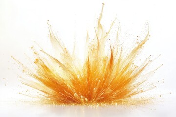 Golden liquid explosion with droplets and streaks against a white background emanating from center