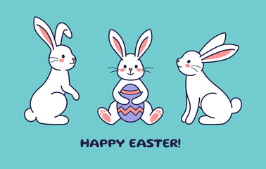 Easter character bunnies, rabbits, hares with painted eggs. Vector flat design, outline illustration. Easter character icon, mascot, sticker. Greeting card, postcard, Happy Easter concept