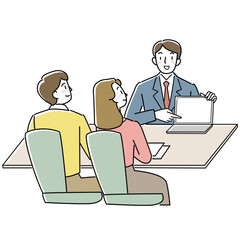 PCを使って説明する男性とそれを聞く若い男女