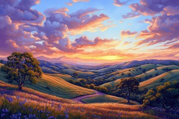 A scenic painting of rolling hills at sunset with a path and vibrant clouds in the sky above them