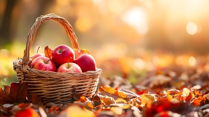 Autumnal Abundance: A Basket of Red Apples Amidst Fallen Leaves