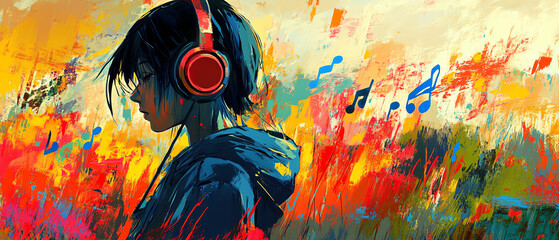 A girl immersed in music and vibrant colors.