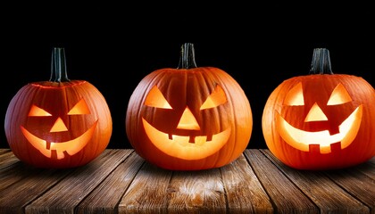 three lit jack o lantern halloween pumpkin lanterns on a wooden product display table with an isolated transparent background