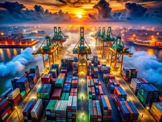 Obraz premium Surreal Aerial View: Container Ship Terminal, Crane & Truck Unloading Operations