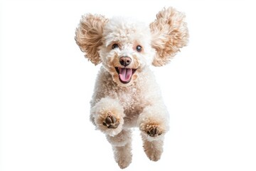 A joyful poodle mid air with ears flapping and mouth open on a plain white background studio shot