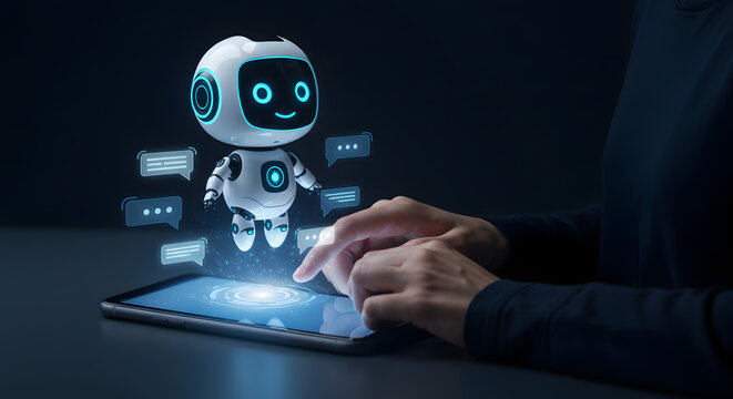 AI Chatbot Hologram with Futuristic Digital Interface and User Interaction
